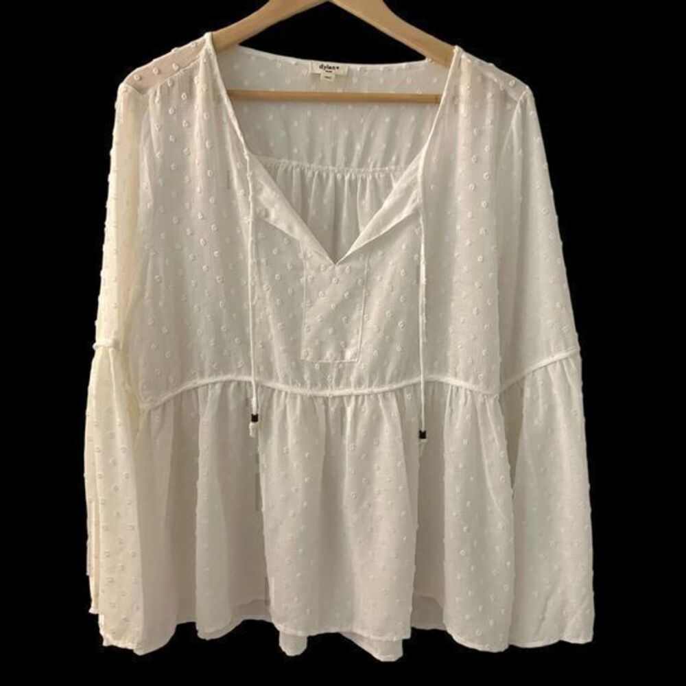 Dylan White Flowy Boho Sheer Peasant Polyester Tie Blouse Size L